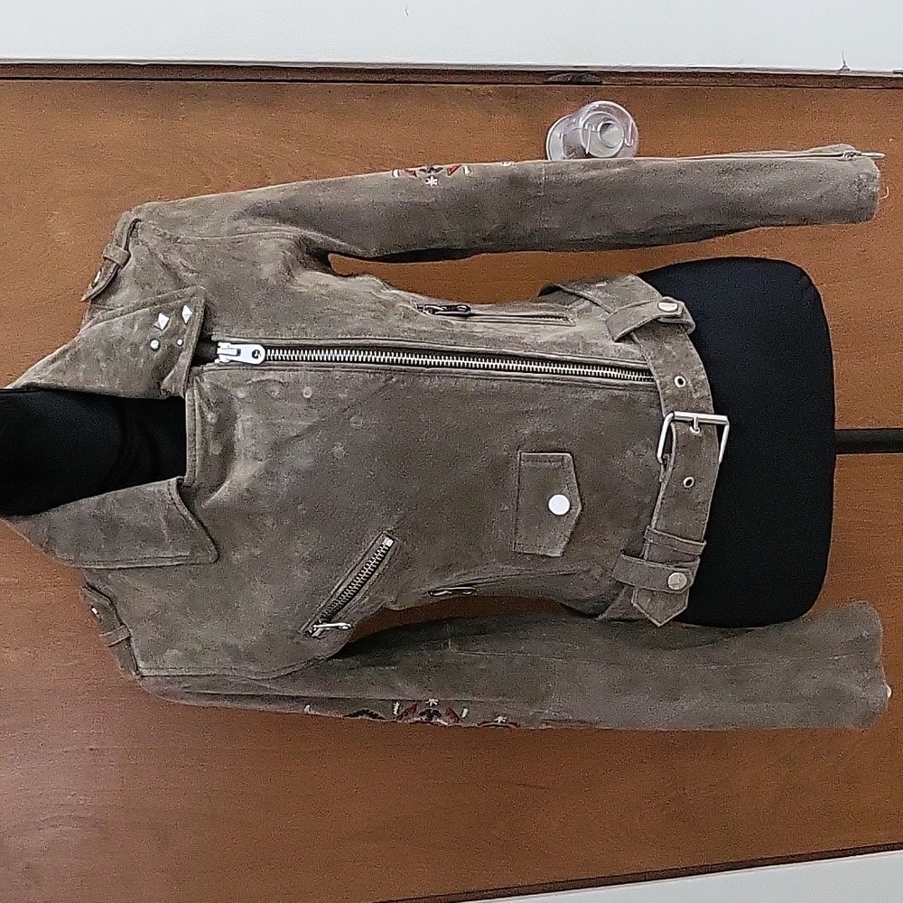 Driftwood leather suede short jacket in olive color NWT